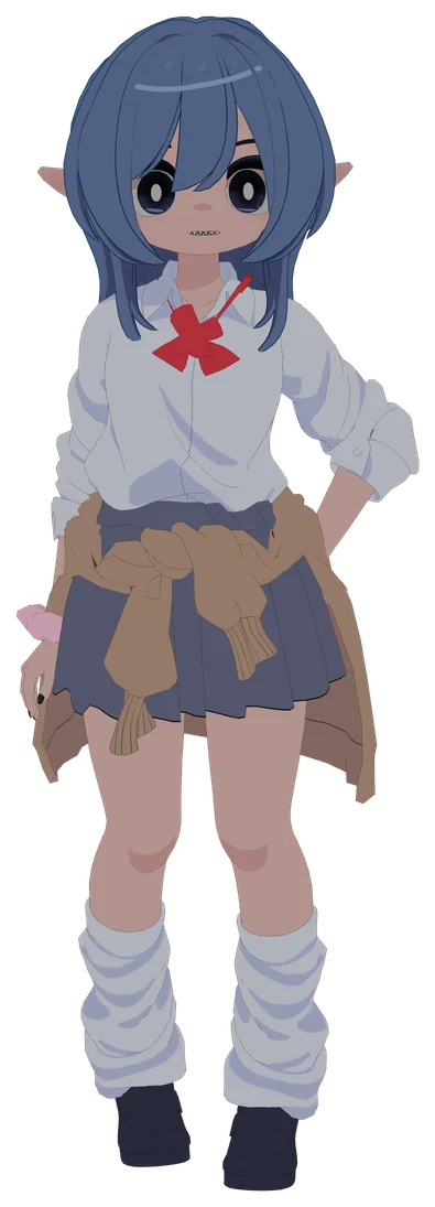 Mizuki in the Cardigan set: white shirt, red ribbon, pleated skirt, cardigan knotted at the hips, loose socks.