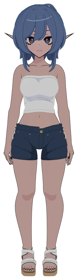 Mizuki standing in her Youthful Days outfit — white tube top, denim shorts, steel-blue bob — looking straight at you.