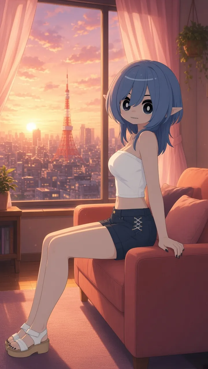 Illustration: Mizuki on the arm of a sofa at golden hour, looking back over her shoulder.