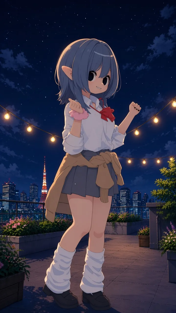 Illustration: Mizuki in the Cardigan set on a rooftop under string lights.