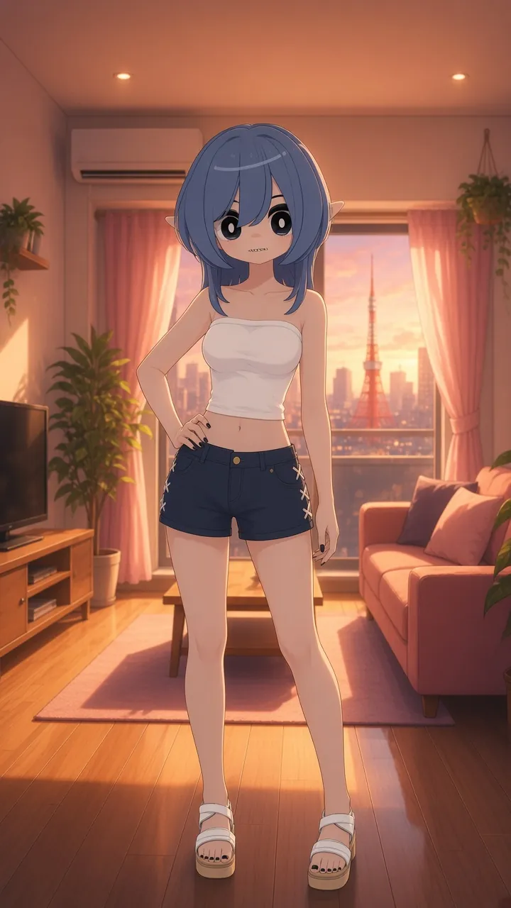 Illustration: Mizuki standing with a hand on her hip by the window.