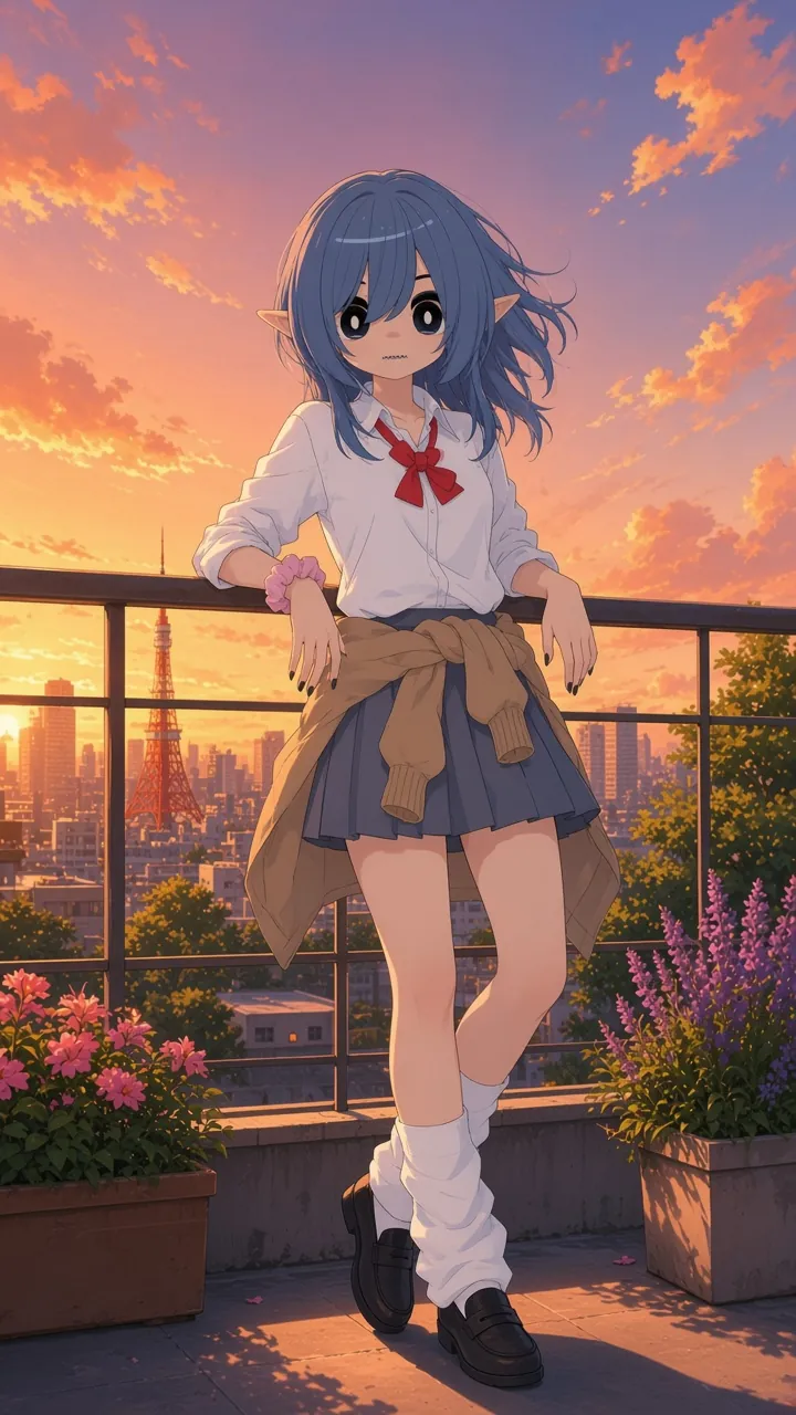 Illustration: Mizuki leaning on a rooftop railing at sunset.
