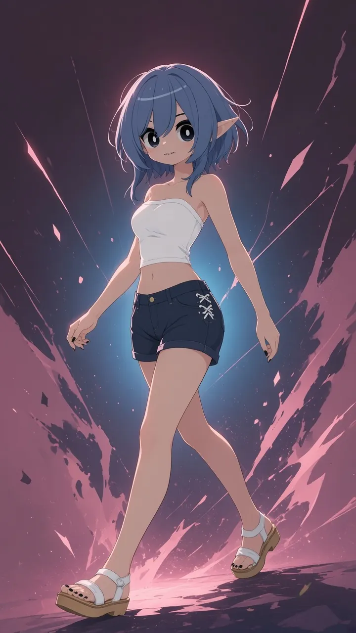 Illustration: Mizuki striding through an abstract plum and pink splash.