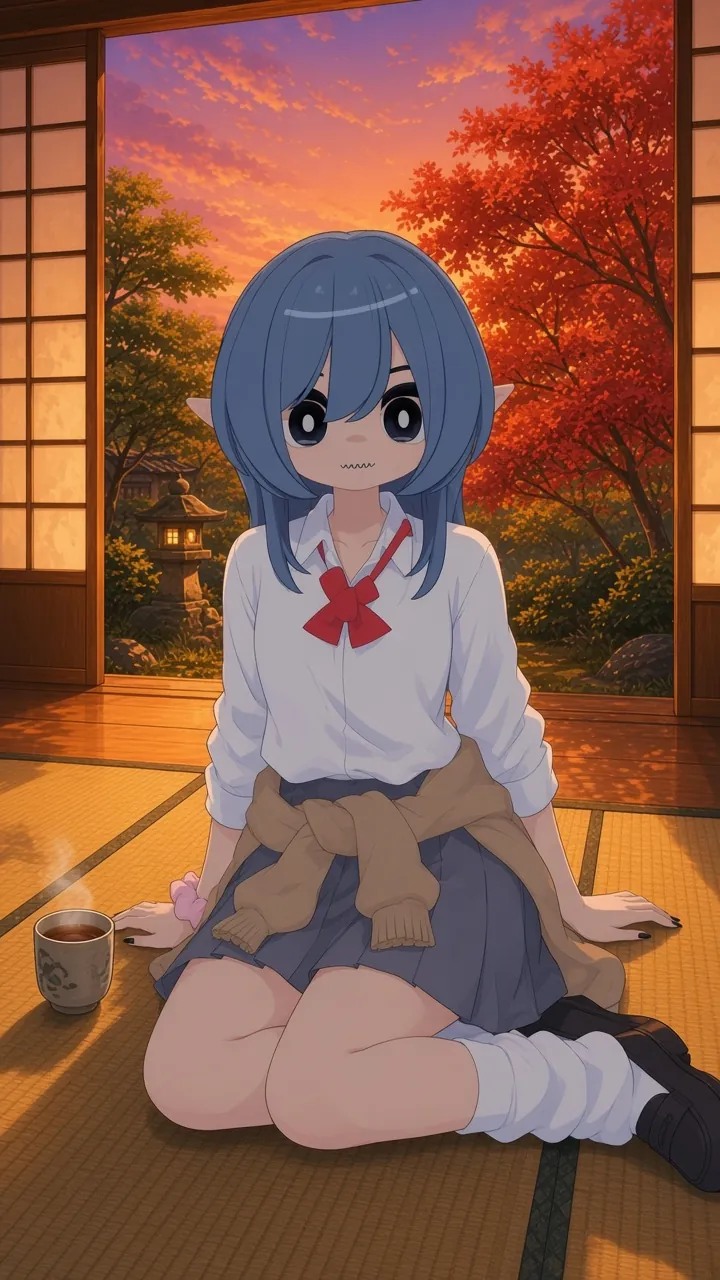 Illustration: Mizuki seated on tatami with a cup of tea, shoji open onto red maples.